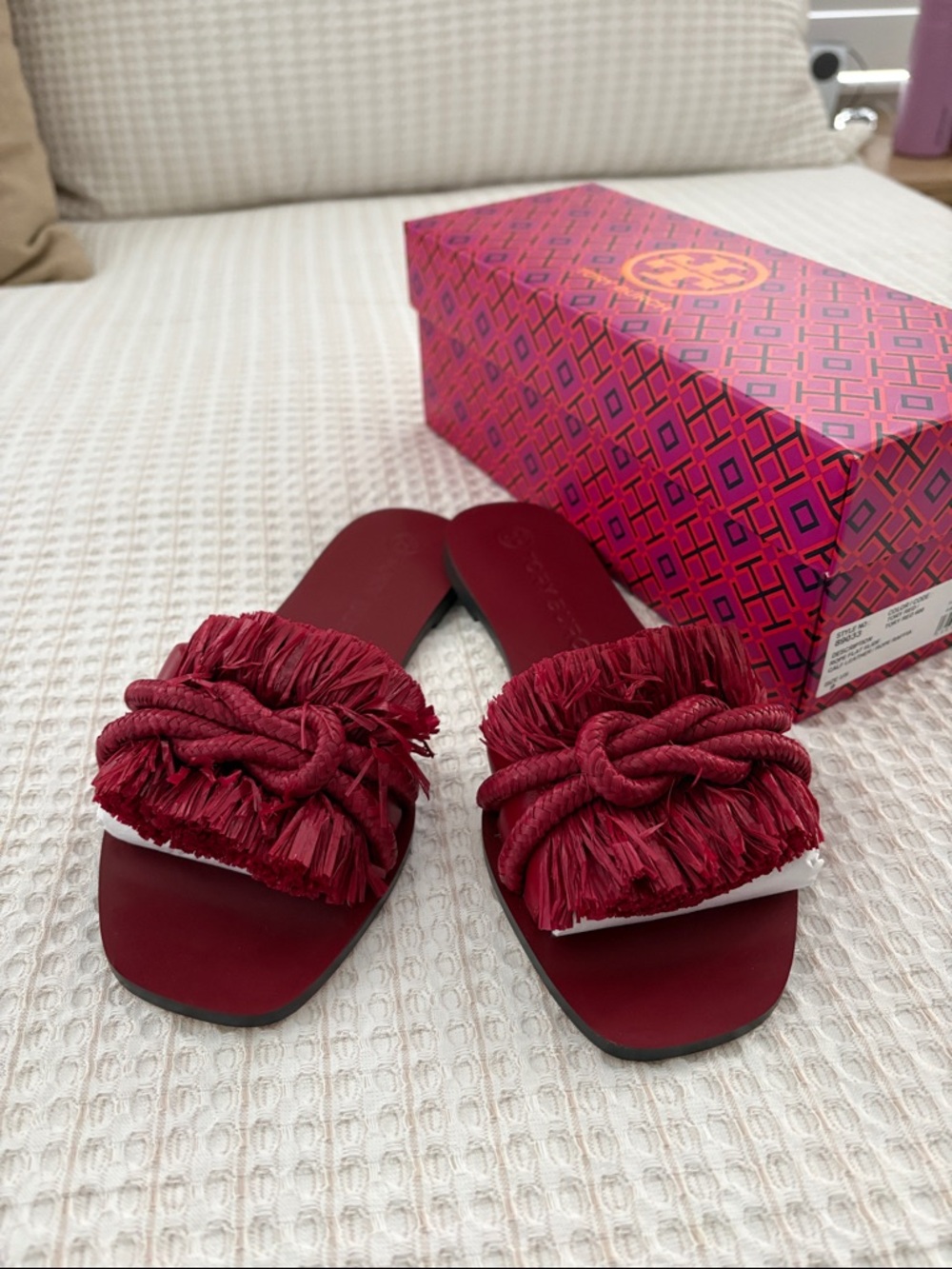Tory Burch Red Fringed Knot Slide Sandals New With Box
